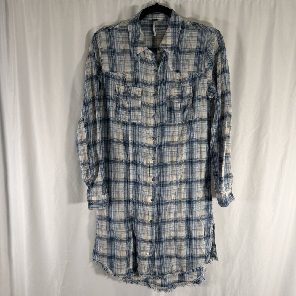 Free People Mini Dress Women's XS Blue Plaid Long Sleeve Lightweight Button Up
